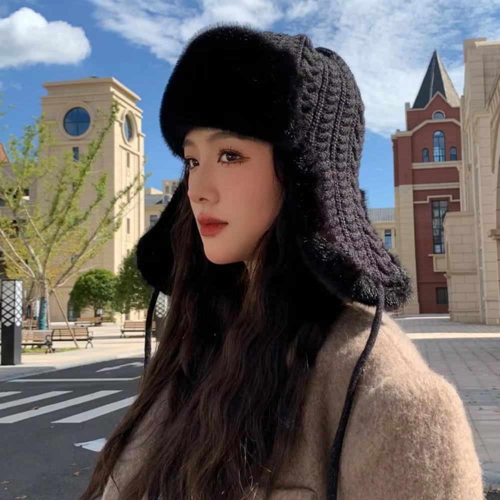 Y2K Winter Knitted Beanies Cap Fashion Plush Knitted Thickened Snow Skiing Hat Outdoor Windproof Warm Ear Protection Hat Women