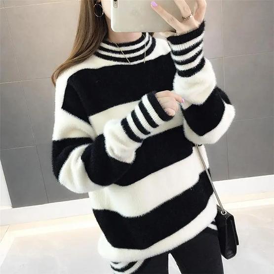 WTEMPO Autumn Winter Imitation Mink Half High Collar Thick Warm Pullover Sweaters Women Large Size Versatile Stretchy Striped Sweaters