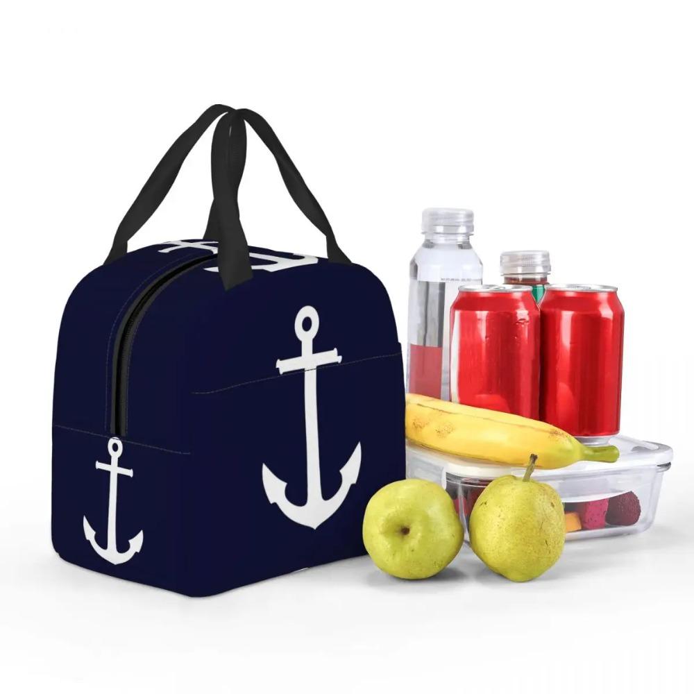 White Anchor On Navy Blue Insulated Lunch Bag for Women Office Cooler Thermal Food Box Tote Portable Lunch Boxes Container