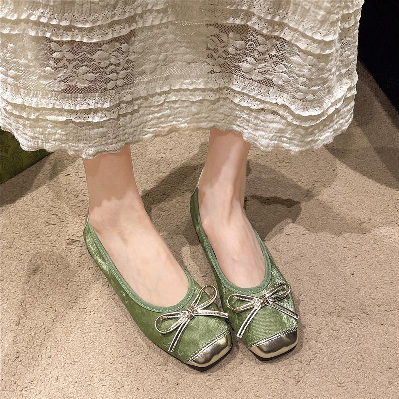 Bow square head single shoes women's 2025 new shallow mouth Chinese style splicing soft versatile flat ballet shoes