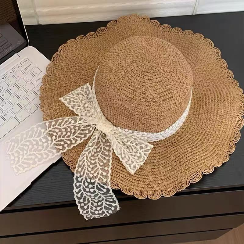 Summer bow raffia big brim straw hat women's new summer outdoor seaside beach sunshade sun hat