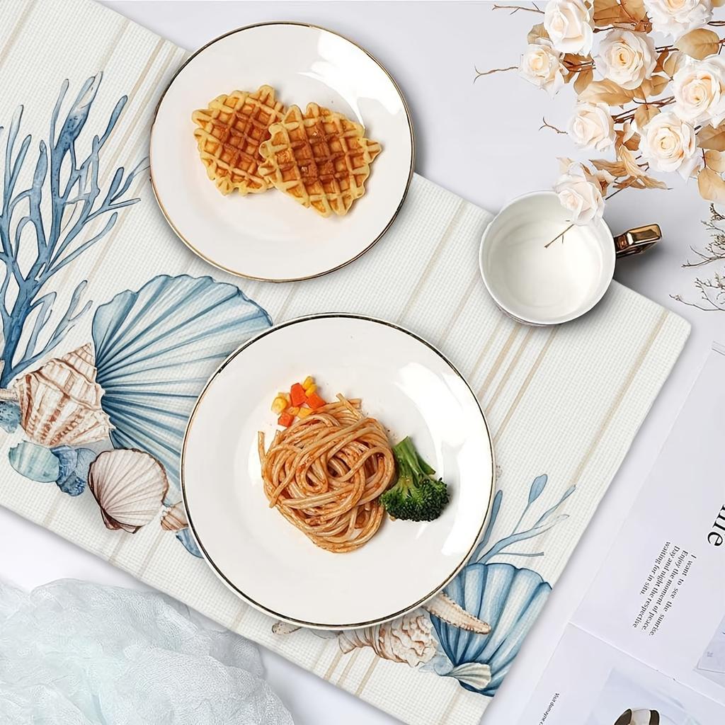 Set di tovagliette con conchiglie e stelle marine, tema costiero, in lino, per decorazione tavolo da pranzo