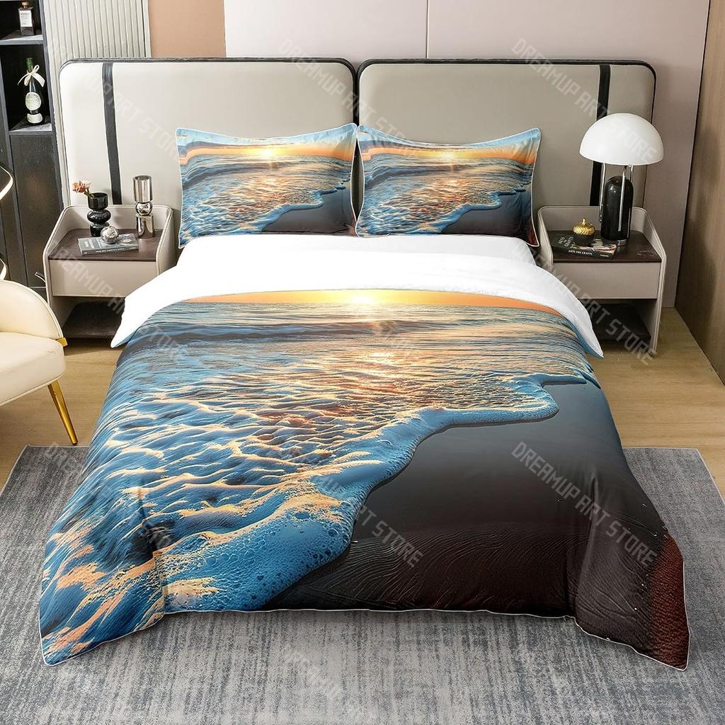 Bettwäsche-Set mit Strandthema King Queen Größe Ozeanwelle Sonnenuntergang Bettbezug Küsten-Nautik-Bettdeckenbezug Meereslandschaft Bettdeckenbezug