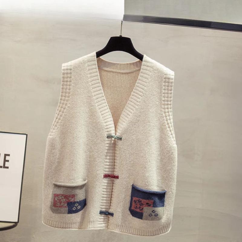 Chinese Style Outer Wear V-Neck Cardigan Knit Vest Women's Autumn Winter Sleeveless Sweater Cardigan