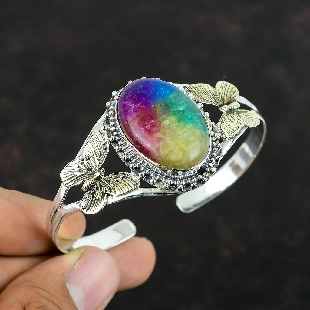 Rainbow Solar Quartz Druzy Bangle 925 Sterling Silver Gemstone Cuff Bracelet 18K Gold Plated Adjustable Bangle Butterfly Bangle Gift For Her