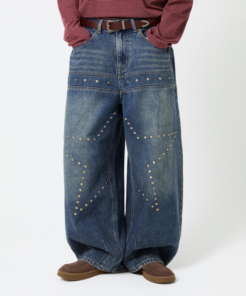 Trillion Star Hot Fix Balloon Fit Washed Denim Pants_3Color