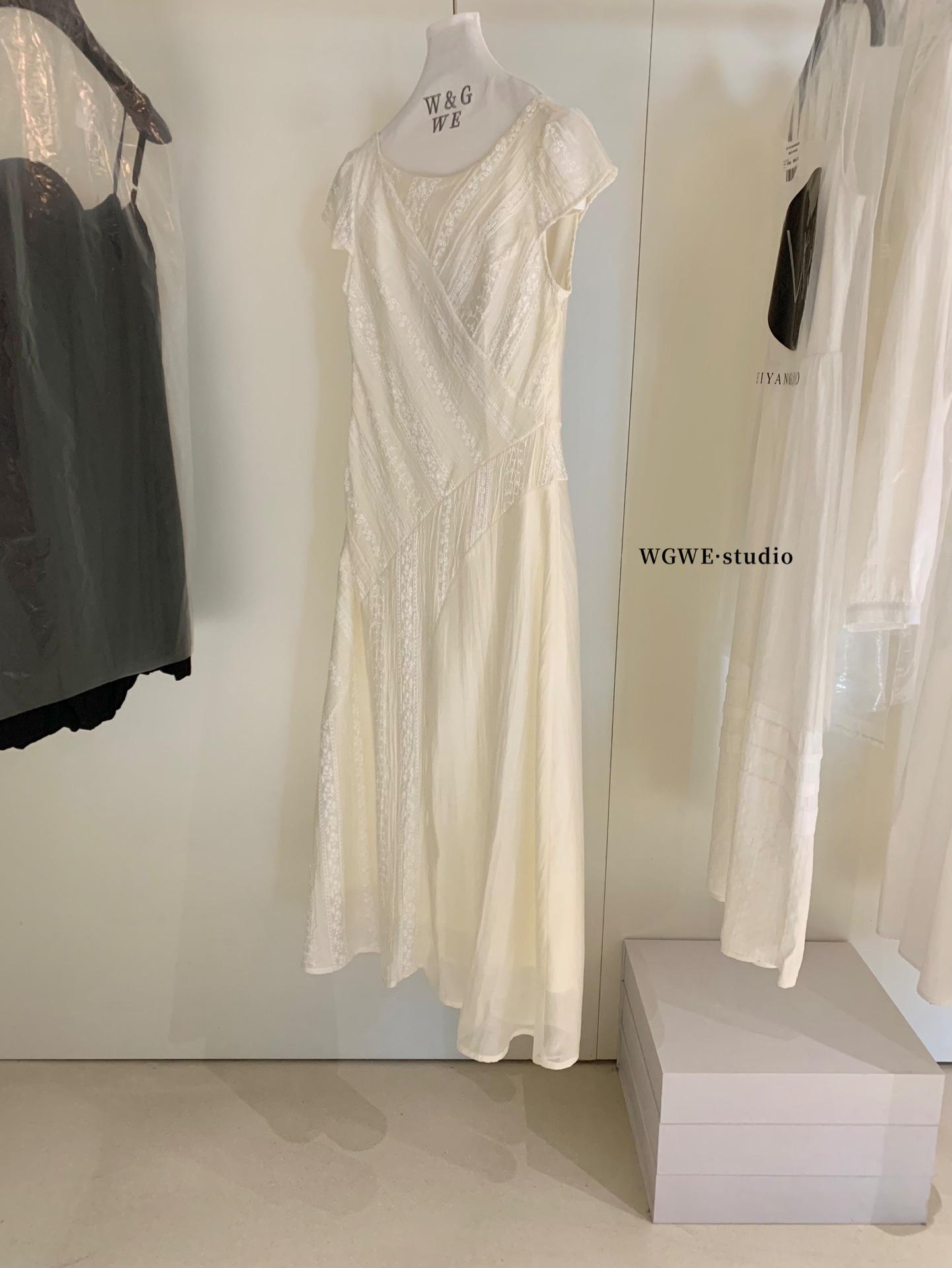 Guangzhou Thirteen Hong Women s Summer Lace Patchwork Short Sleeve Waist-Cinched Elegant Long Dress Small