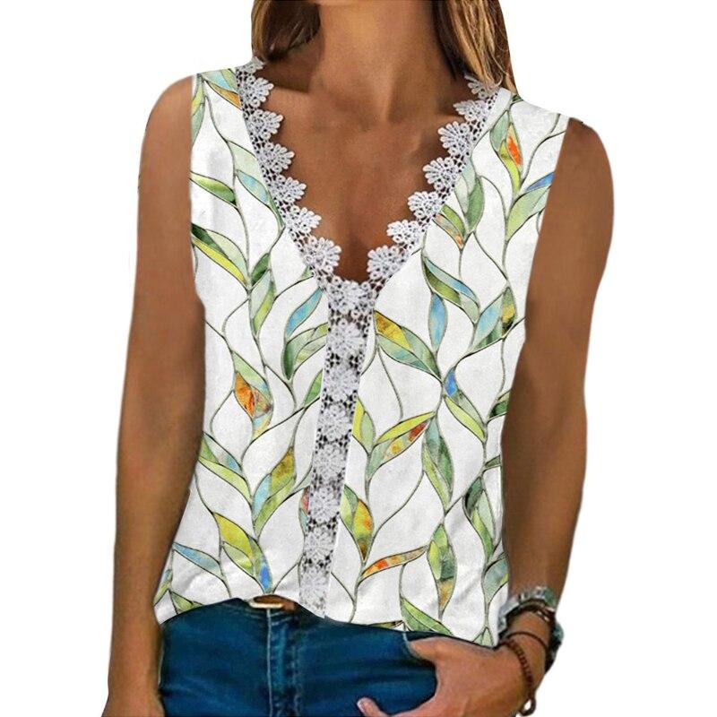 Výstřih do V Krajka Květinový potisk Letní halenky Ženy 2023 Košile Bez rukávů Neformální košile Topy Dámská Móda Elegantní Tričko Dámské Oblečení 24858