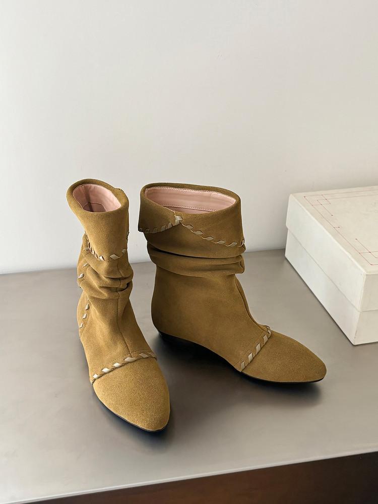 European and American new pointed cats, straps, folds, piles of short boots, flanging one pedal, large size, and more high-heeled boots