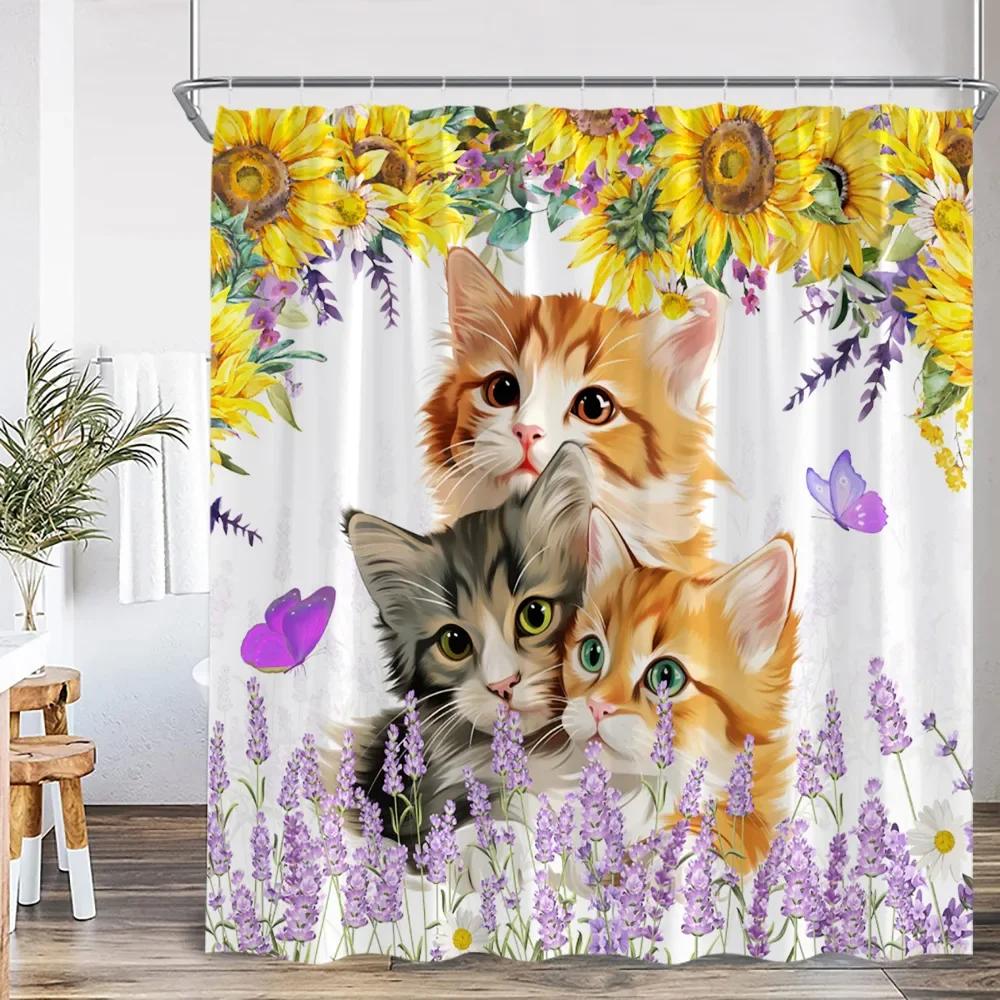 Cute Cat Shower Curtain Flower Cartoon Animal Sunflower Plant Floral Bathroom Home Decor Modern Polyester Bath Curtain with Hook