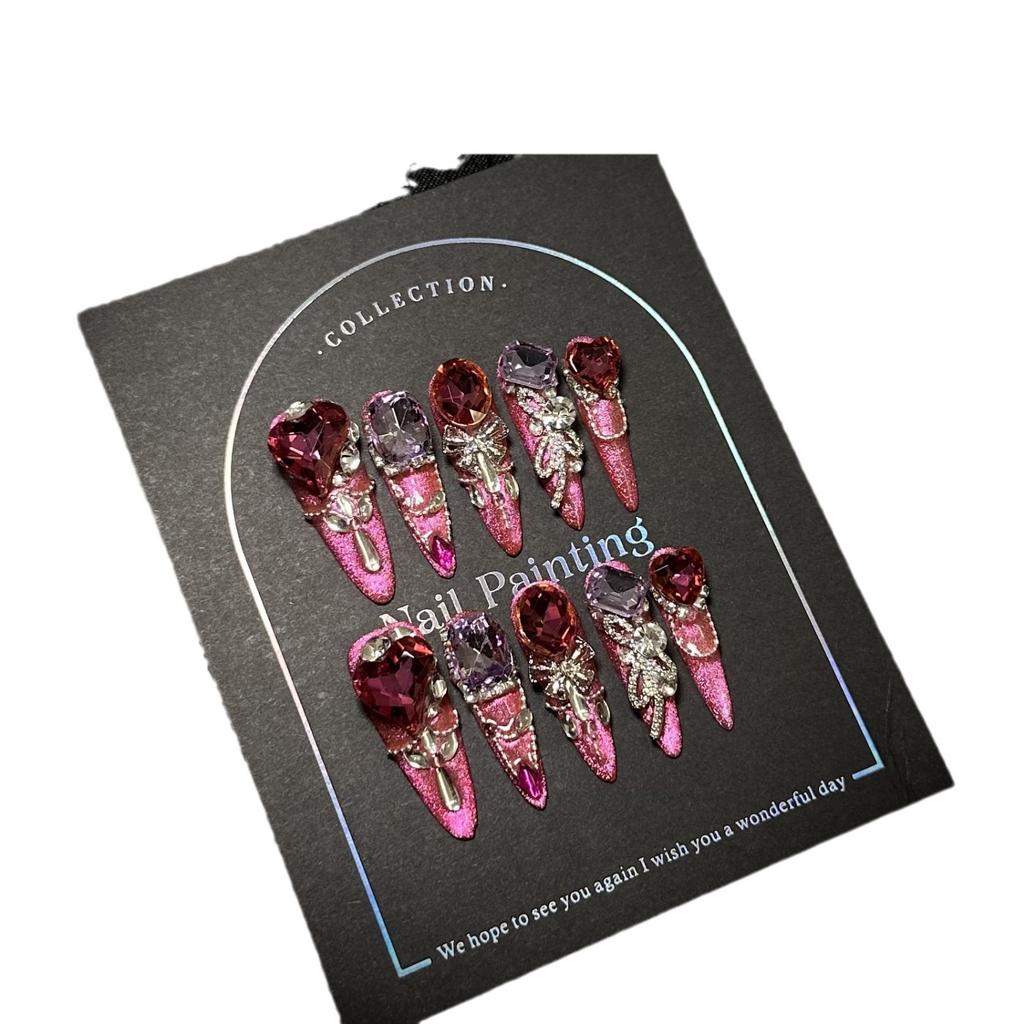 Handmade Luxury Press on Nails Long Almond French Tip Sparkly Fake Nails 3D Rhinestones Designs Acrylic Nails Reusable Stick on Nail for Women