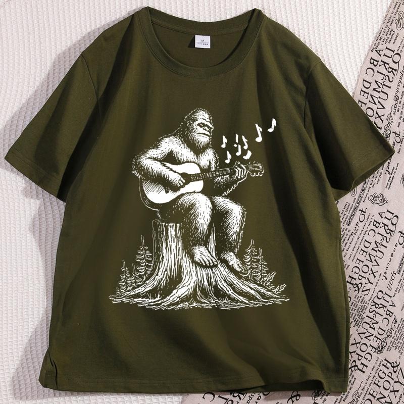 Retro Bigfoot Playing Guitar Funny 90s T Shirt Casual Cotton Short Sleeve Bigfoot Tshirt Loose Comfortable Graphic Tees