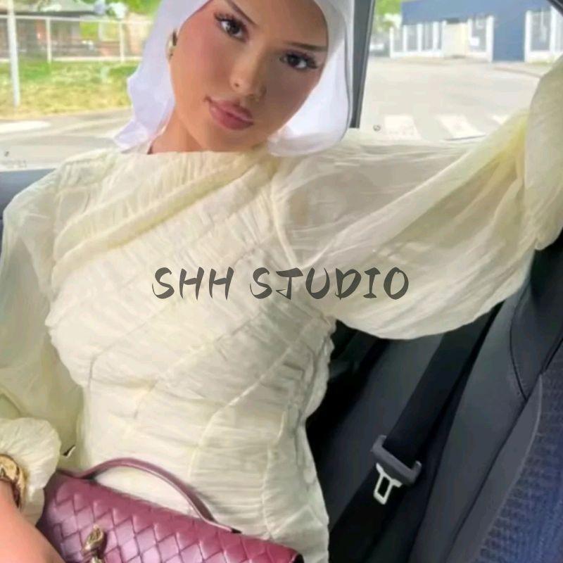 Summer New Arrival Women's Clothing Fashion Style Fashion All-Matching Temperament Leisure Pleating Long Sleeves round-Neck High Waist Dress