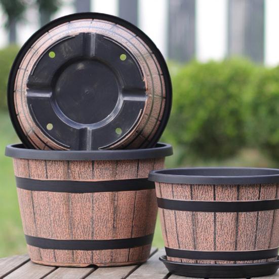 Pot de fleurs Style Tonneau Rustique Pots de Plantes avec Trous de Drainage Intégrés 8" Finition Inspirée du Plastique Marron Pot de Fleurs Extra-Large Épais pour Patio Jardin