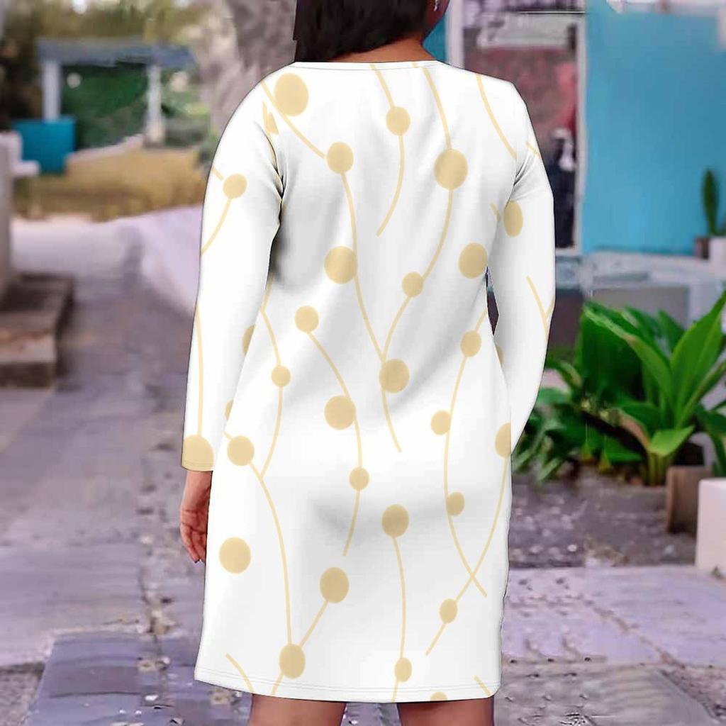 Women s Plus Size V Neck Long Sleeve Printed White Beige Fitted Midi Dress