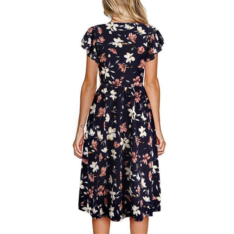 

Women Dress 2020 Summer Vneck Floral Print Chiffon Dress Bo Navy Blue S
