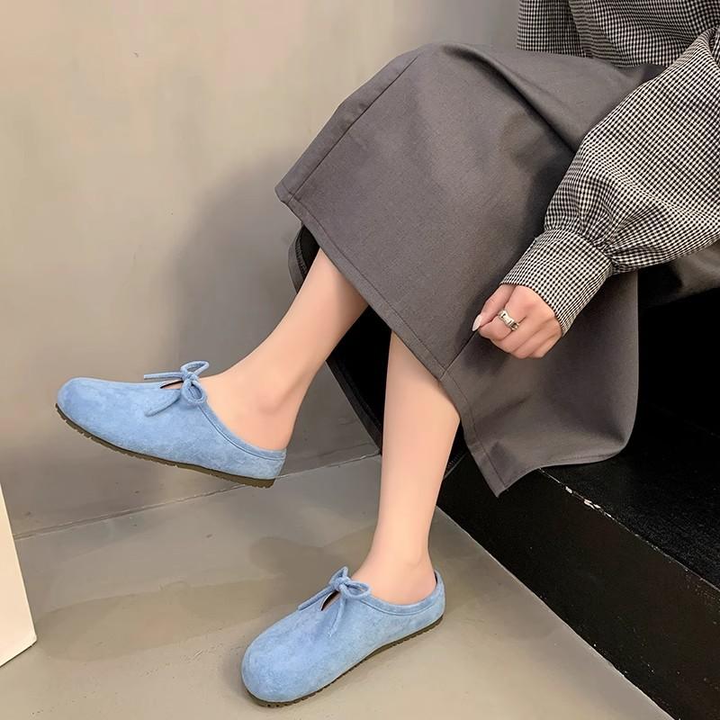 Retro versatile flat-bottomed bag head slippers women's spring new bow one-pedal soft-soled half slippers