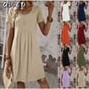Fashion Summer Spring Solid Color Print O-Neck Short Sleeve Casual Dresses