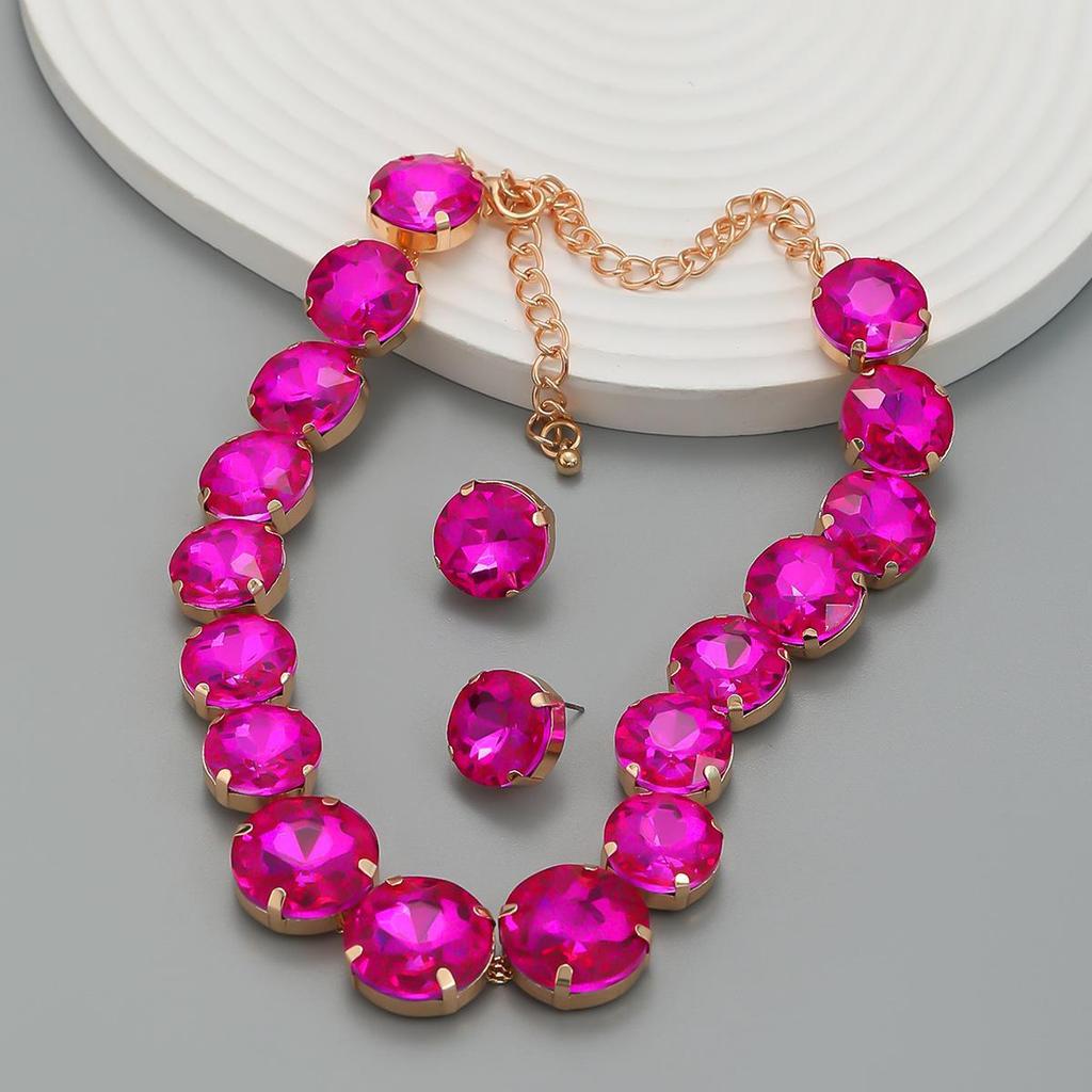2023 European & American Exaggerated Dinner Jewelry Set: Round Glass Diamond Earrings & Necklace for Women