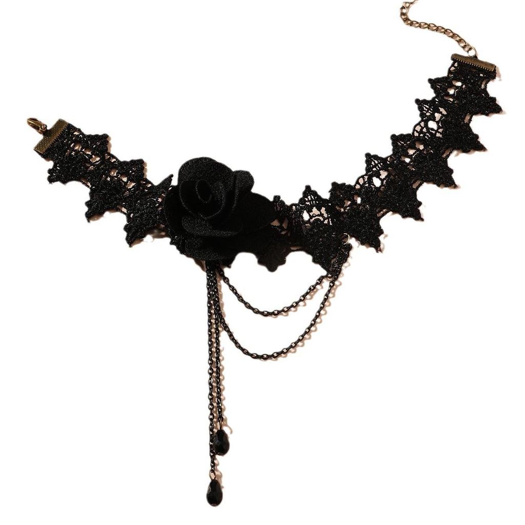 Vintage Gothic Pearl Rose Pendant Clavicle Necklace with Lace Tassel
