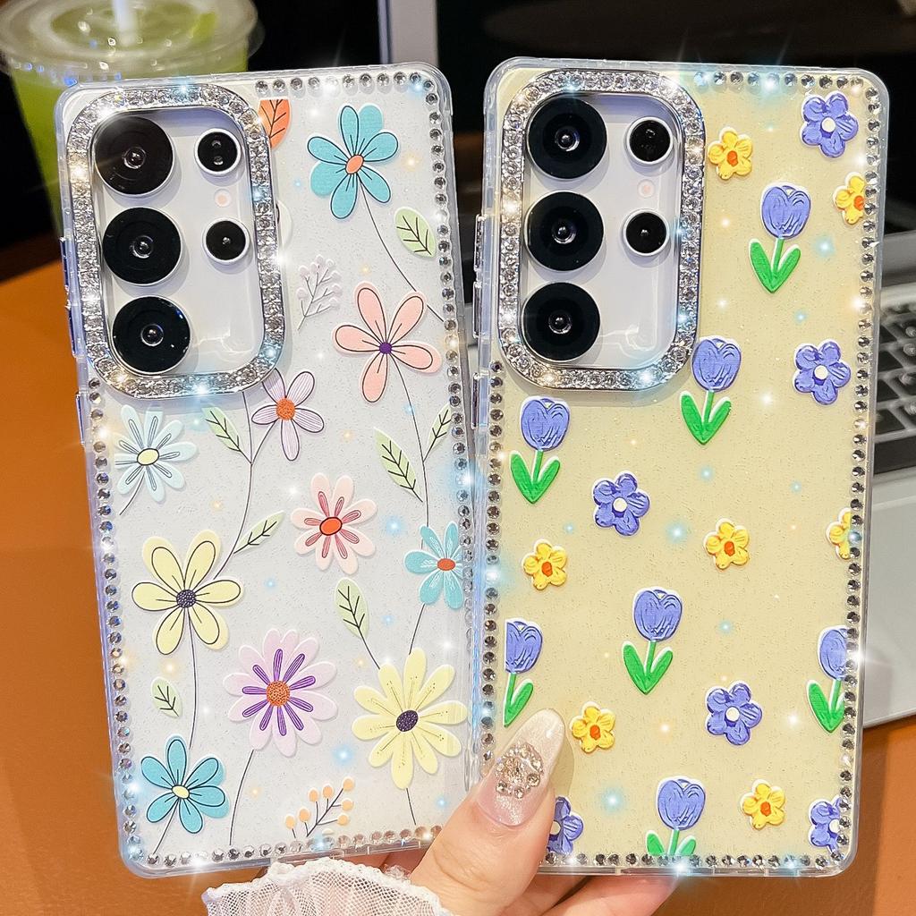 Samsung S25Ultra Mobile Phone Case Flash Drill S24FE Flower One Line Mirror Bracket A36 Protective Cover