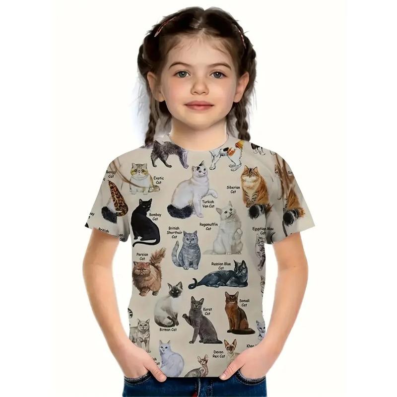 Letní tričko s kulatým výstřihem a 3D potiskem kočky, módní a ležérní dětské dívčí tričko s krátkým rukávem