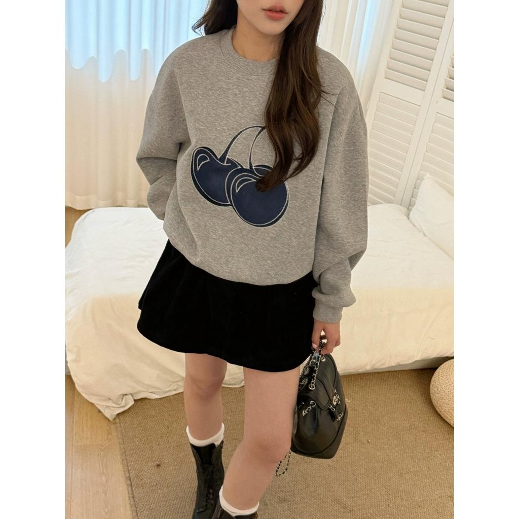 Dimanaf New 2025 Women Embroidery Fruit Hoodies & Sweatshirts Print Full Sleeve Autumn Basic Tops T-Shirt New Pullover