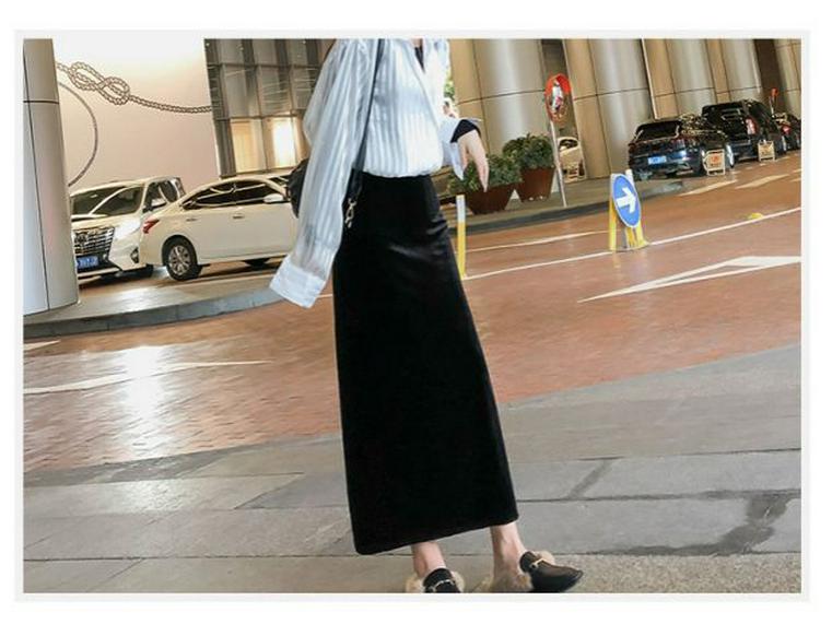 Retro Herbst/Winter Schwarzer Samt High Waist Midi Rock mit Schlitz - Schlanke Bodycon Passform