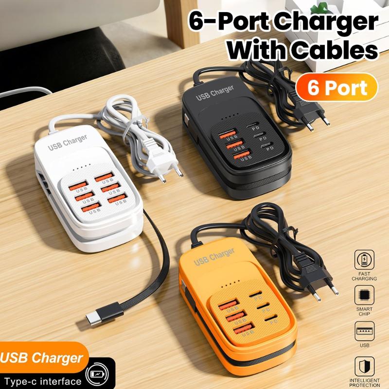 6 In 1 Multi Port Usb Charging Station 3Pd 3Usb Desktop Power Strip Fast Charging Adapter Eu Uk Us Plug Travel Charging Socket
