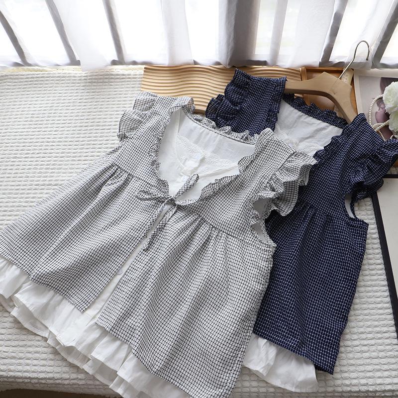 

[Bi Zheng] 2025 Summer Korean Style Ruffle Edge Plaid Lace-Up Sleeveless Blouse for Women One Size