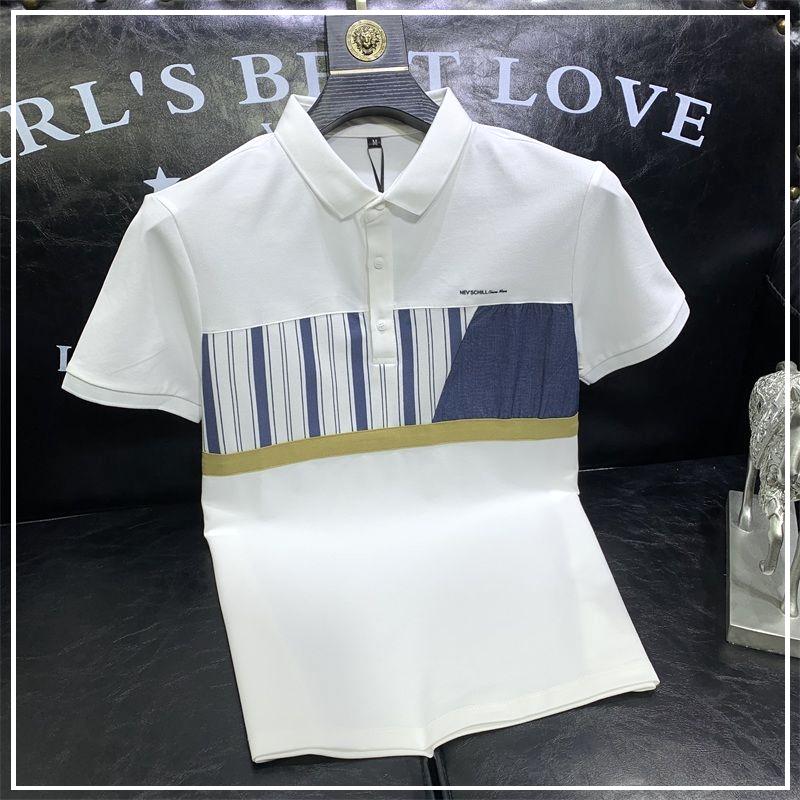 

Летний тренд Мода Простая повседневная Свободная Оверсайз Полосатая Блокировка цвета Принт Универсальная футболка-поло с коротким рукавом для мужчин L белый