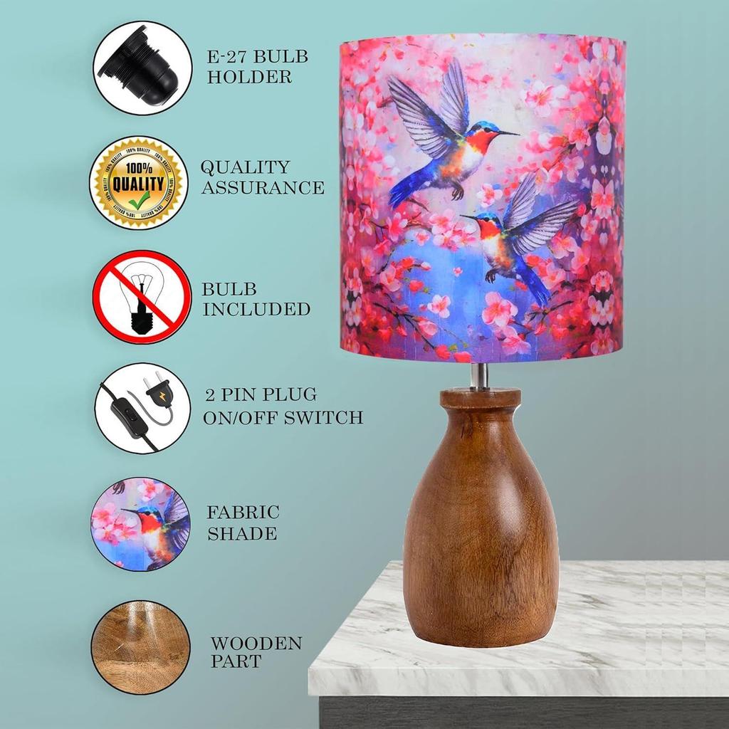 Rustikale Holz-Dovetail-Topf-Tischlampe mit bedrucktem Stoffschirm | Handgefertigtes Nachttischlicht für Wohnzimmer, Schlafzimmer, Büro, Café, Heimdekor,