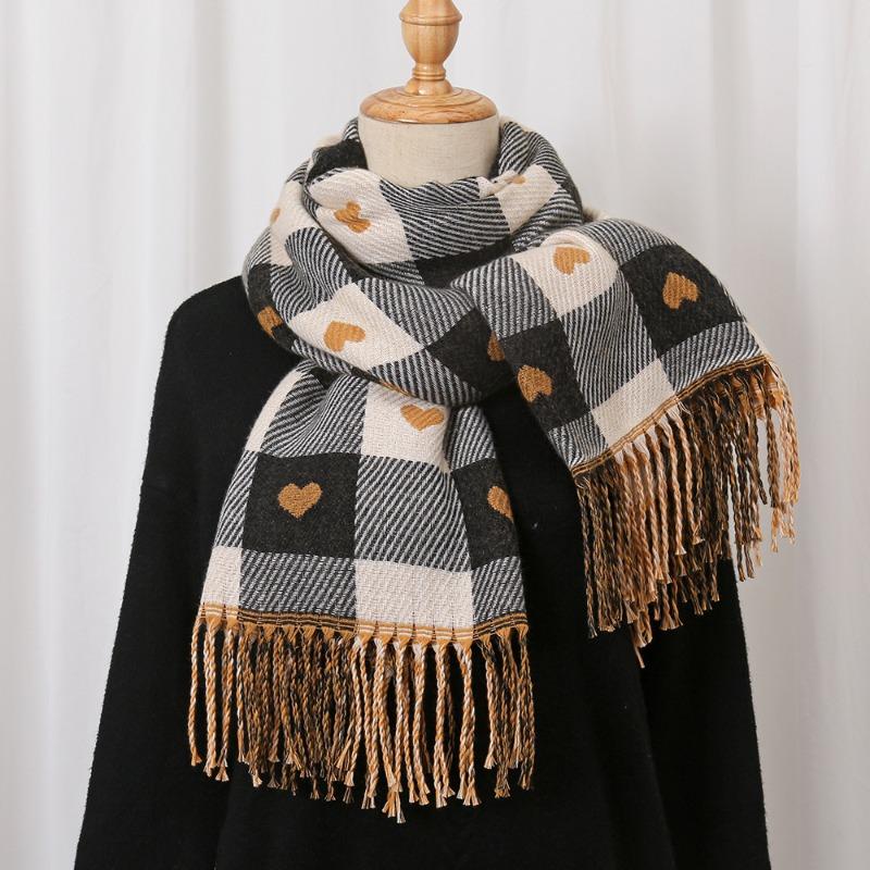 Autumn and Winter Hot-selling New Love Imitation Cashmere Versatile Scarf Women's Warm Thickened Cold-proof Plaid Fringed Shawl
