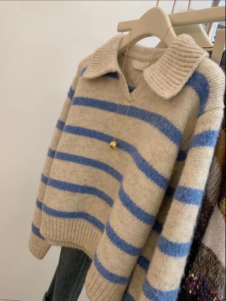 Damen Europäischer Blauer Gestreifter Strickpullover mit Polokragen und langen Ärmeln
