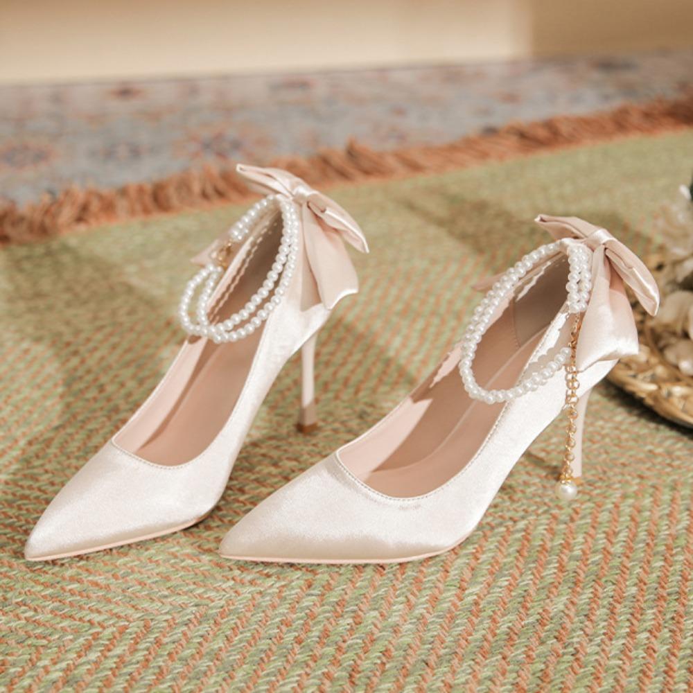 Fashion High Heels for Women Thin Heel Pointed Toe Straight Pearl Buckle with Bow Silk Fabricplus Size Women's Shoes Pumps White Heels
