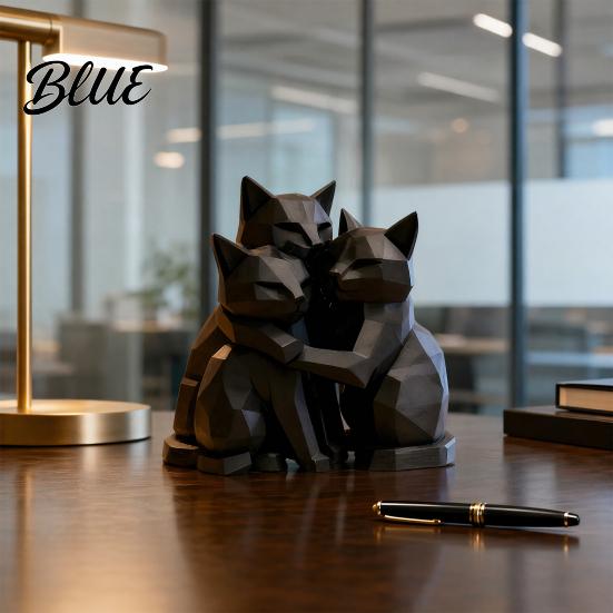 Hugging Cat Statue 3D Printed Black Figurine, Three Geometric Statue, Modern Animal Shape Sculpture for Home Office Bookshelf