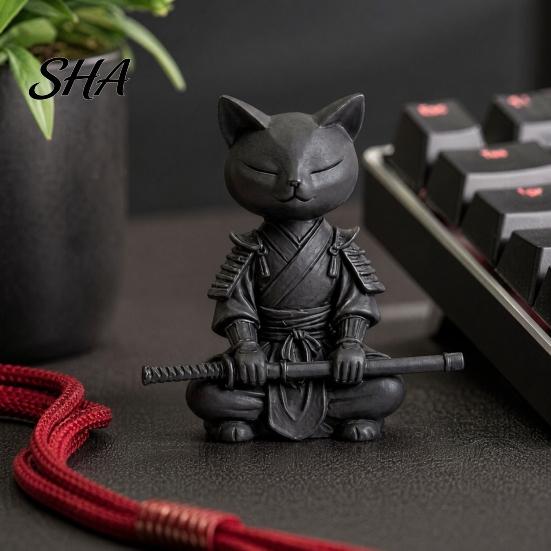 Cat Ornament Gift Idea 3D Printed Knight Figurine, Meditating Desk Decor with Zen Warrior Pose, Stable Figurine Minimalist Frosted Animal Sculpture