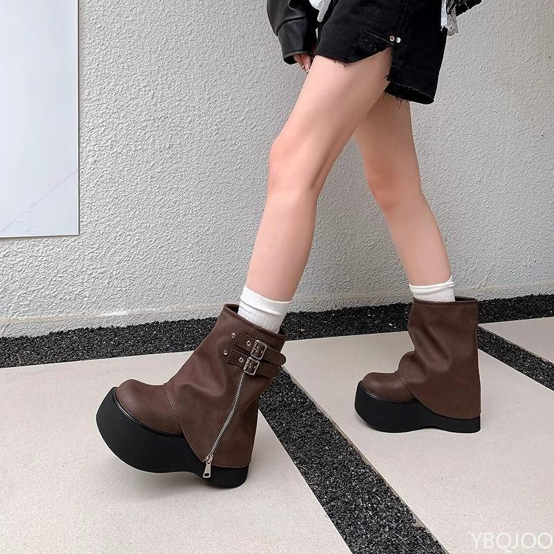 Botas de plataforma impermeáveis que aumentam a altura, doces e picantes com zíper, botas femininas de sola grossa, estilos outono inverno, simples e versátil