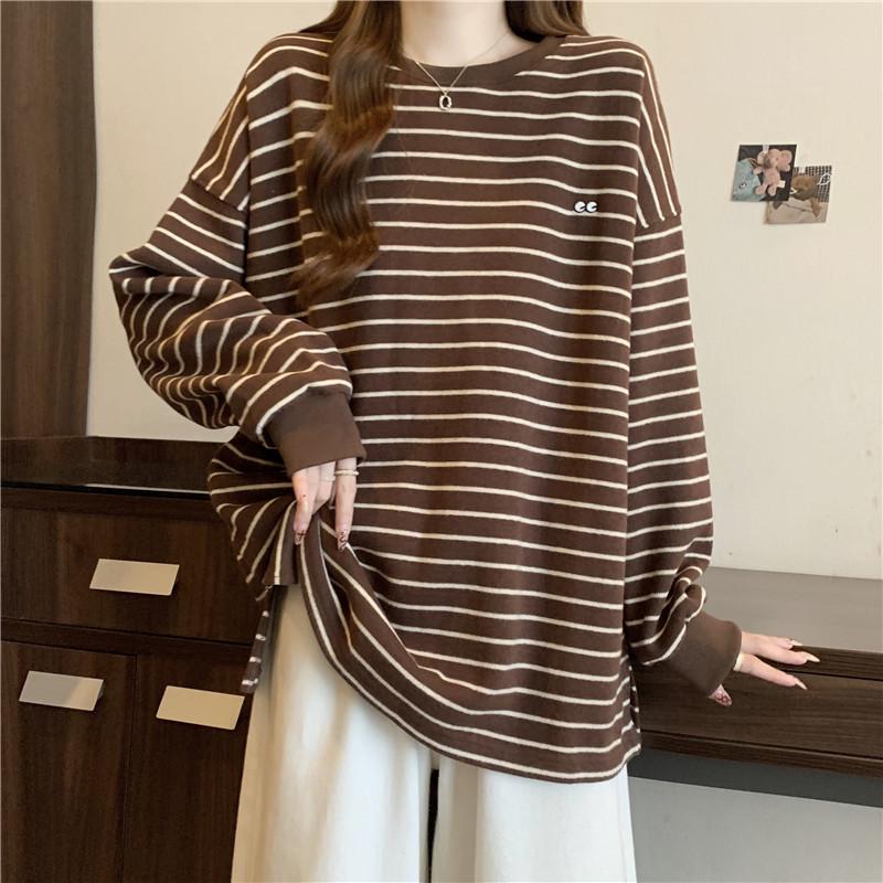 

European & American Striped Split Long-Sleeve Women s Velvet Mid-Length Embroidered Shirt - Autumn & Winter Loose Fit