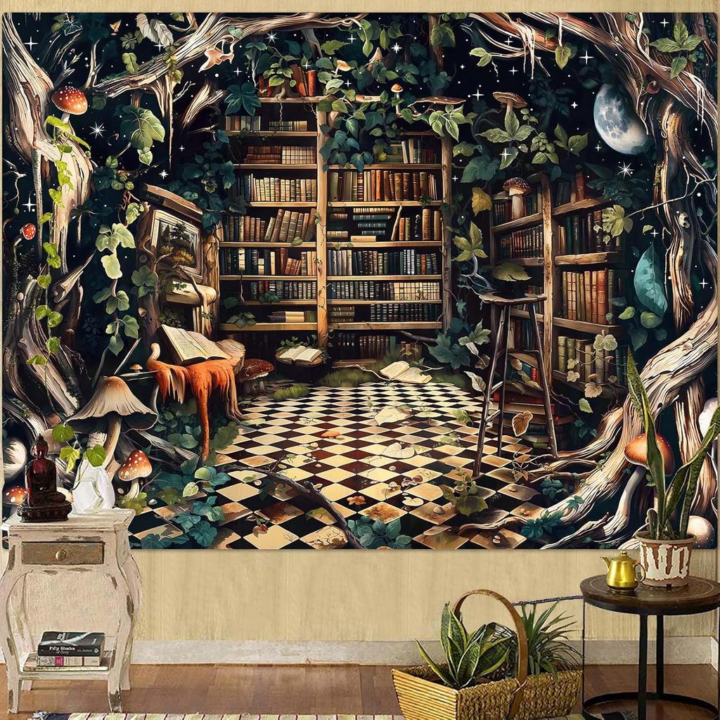 Forest Library Tapestry Tree Bookshelf Tapestries Wall Hanging Vintage Fantasy Fairy Treehouse Book Large Tapestry for Bedroom