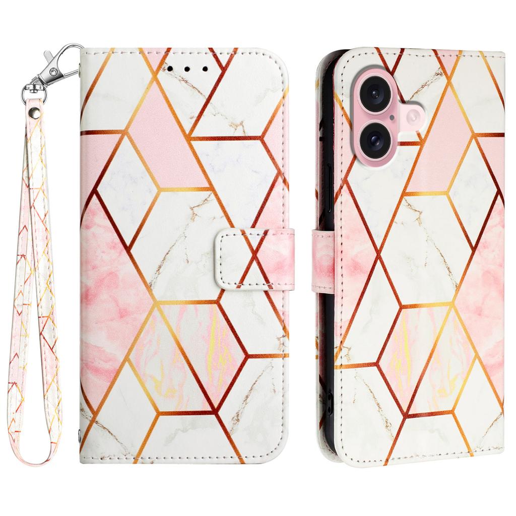 For iPhone 16 Plus Case with Strap Marble Pattern Leather Phone Cover Card Holder