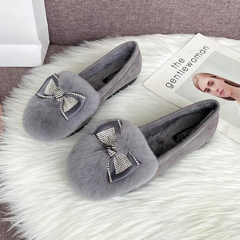 

T36 бархатные хлопковые туфли из натурального кроличьего меха, носят пушистые туфли на улице, женские туфли на толстой подошве с бантами и одним ремешком 33 серый