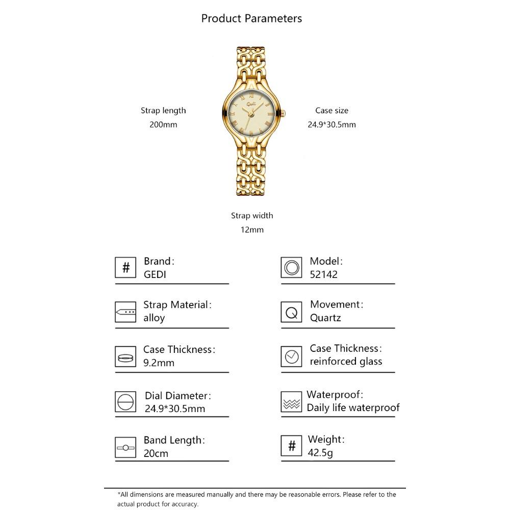 Gedi Elegant Ladies Quartz Wrist Watch Roman Numeral Dial Metal Link Bracelet Waterproof Daily Dress Watch