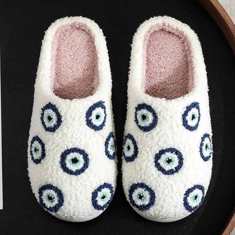 Fashion All Match Cartoon Eyes Cotton Women Slippers Winter White Faux Fur Pull On Slides Woman Non Slip Soft Bottom Plush Shoes Female