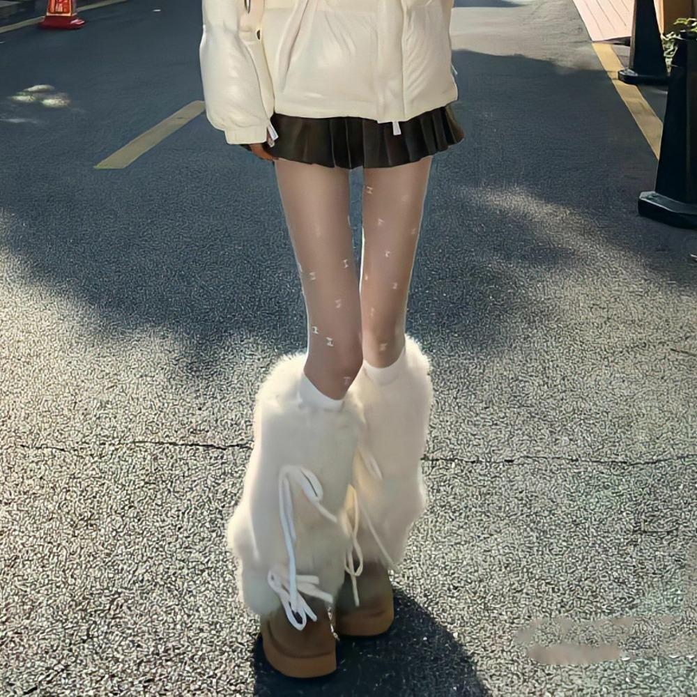 Couvre-jambes d'hiver épais et chauds en peluche pour femmes avec nœud papillon, leggings en fourrure et chaussettes montantes pour bottes de neige