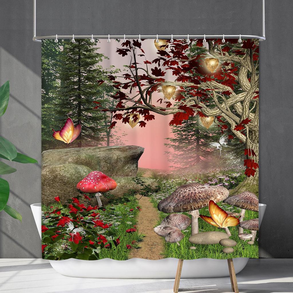 Bathroom Waterproof Curtain Digital Printing Plant Mushroom Shower Curtain Non-Punching Toilet Partition Curtain Shower Cloth
