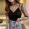 Sexy Black Line T-shirt For Women Mesh See Through Long Sleeve Tees Turtleneck Streetwear Women's Long Sleeve Top T-shirt Hot