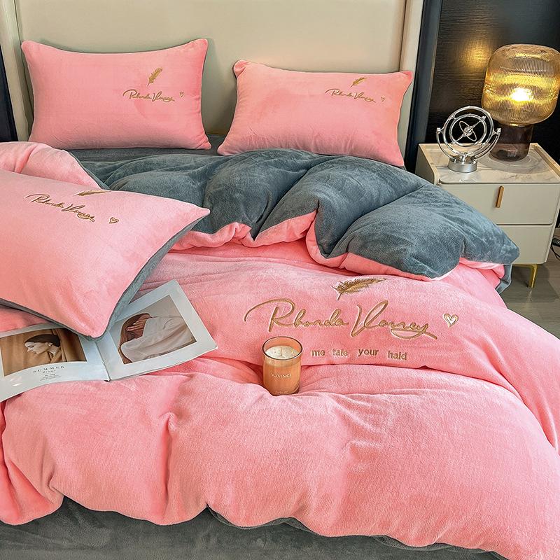 Coral Fleece Milk Velvet Winter Bedding Set: Thickened Embroidered Duvet Cover and Bed Sheet for Dorms.