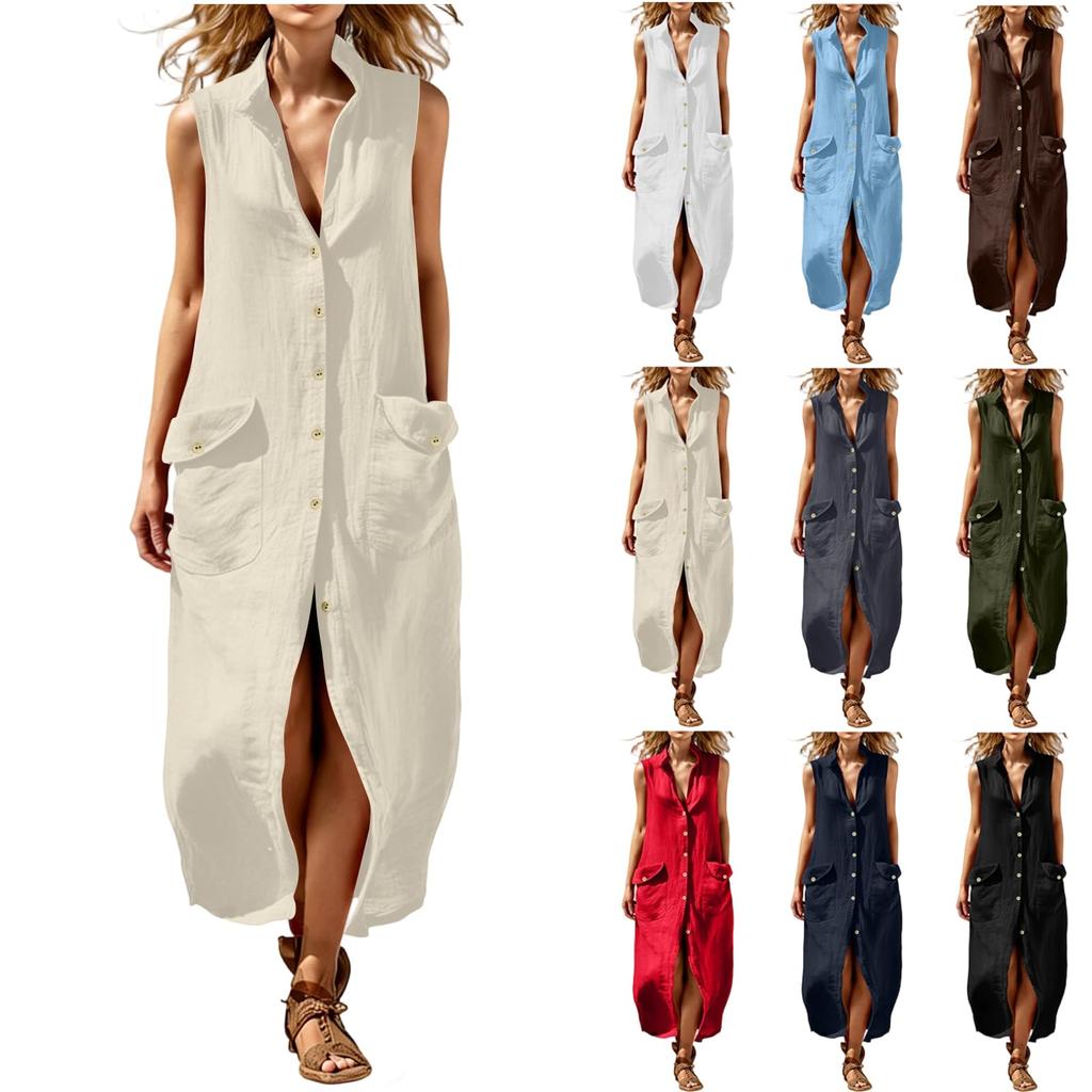 Sleeveless Button Down Shirt Dress with Front Pockets and Collared Neckline for Women Casual Loose Fit Long Dress