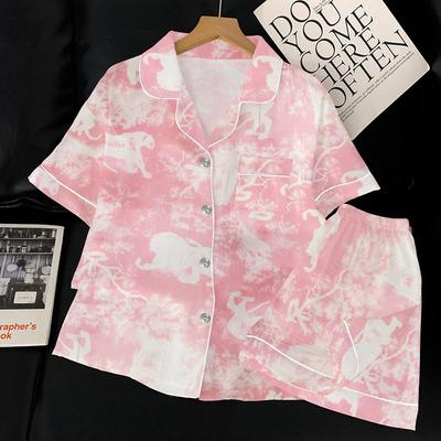 Retro Summer Ice Silk Pajamas Women'S Short-Sleeved Thin Ink Wash National Style High-End Loungewear Silk Suit